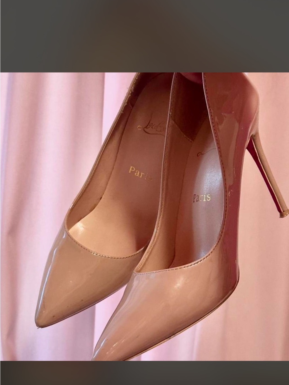 Christian Louboutin Nude Patent Pointed Toe Stilettos with Red Soles - Picture 3 of 7